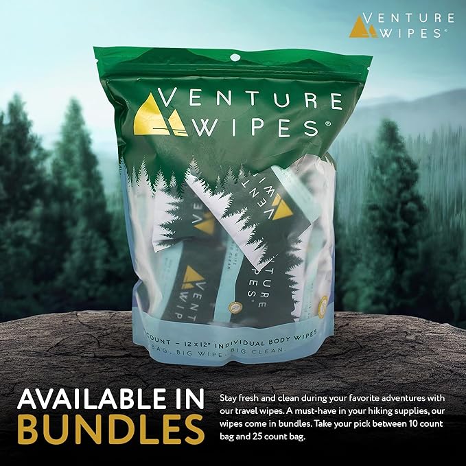 Venture Wipes Tea Tree Oil Body Wipes - Adventure Wipes for Adults - Biodegradable Cleansing With Aloe and Vitamin E - Camping Essentials - Individually Wrapped - 25 Count Bag