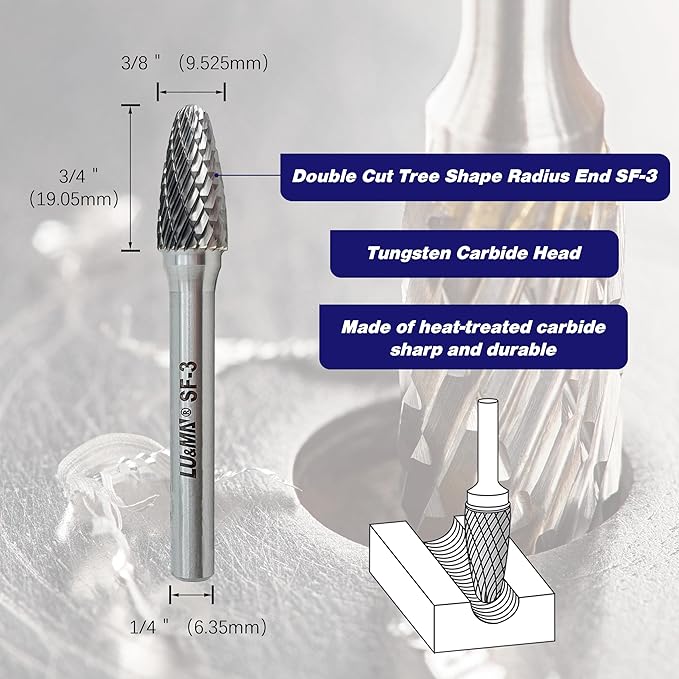 SF-3 Tungsten Carbide Burr Tree Shape Radius End Double Cut Rotary Burr File with 1/4'' Shank, 1pc by LU&MN