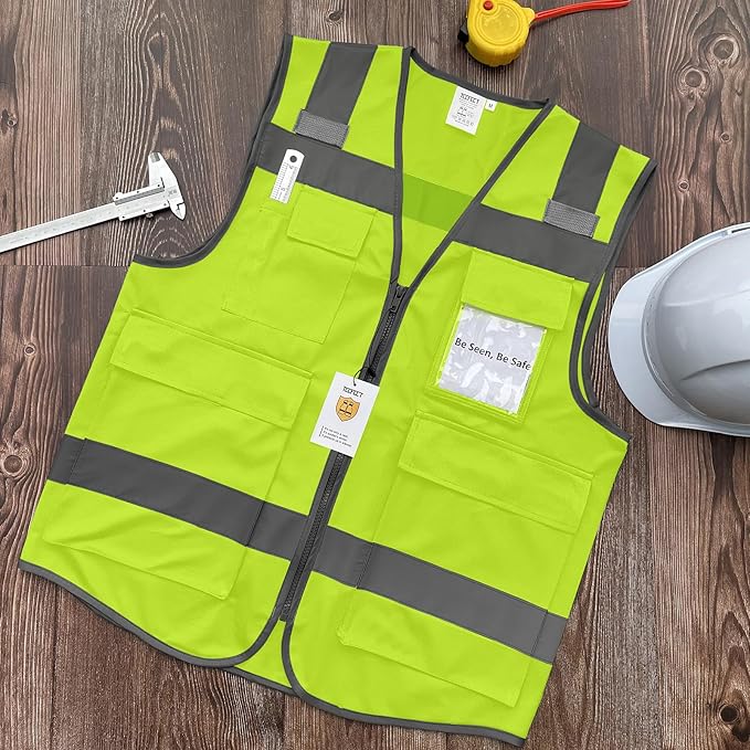 TCCFCCT Reflective Safety Vest with 5 Pockets High Visibility Vest for Men Women, Work Vest with Horizontal Strip for Walkie-talkie and ID Card, Meets ANSI/ISEA Standards, T5-Yellow, 4XL