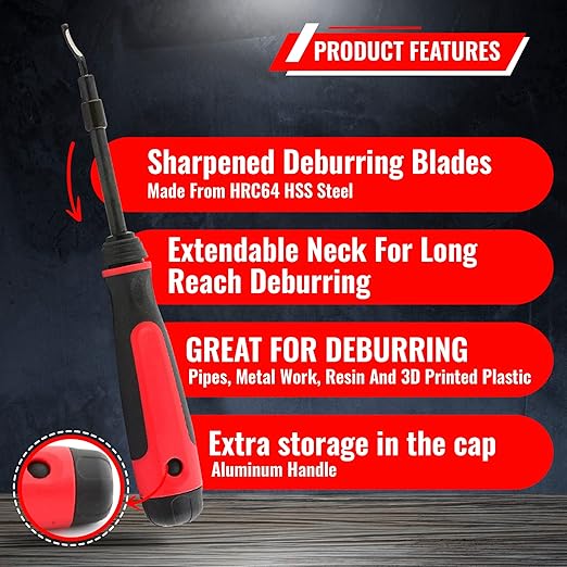 AFA Tooling - Extendable Neck Deburring Tool with 3 Extra Swivel Blades - Works on Metal, Resin, PVC Pipes, Copper, Plastic and 3D Printed Edges - Plumbing & 3D Printing Burr Removal Reamer Tool