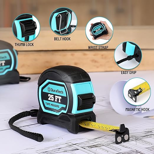 DURATECH Magnetic Tape Measure 25FT with Fractions 1/8, Retractable Measuring Tape, Easy to Read Both Side Measurement Tape, Magnetic Hook and Shock Absorbent Case for Construction, Carpenter