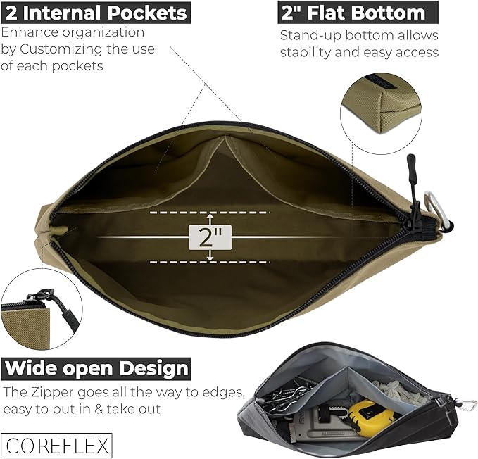 COREFLEX Premium Tool Pouch Zipper Bag, Small Tool Bag, Multipurpose Storage pouch, Heavy duty Flat Bottom Tool bag with YKK Zipper (6 pack Large 12inch)