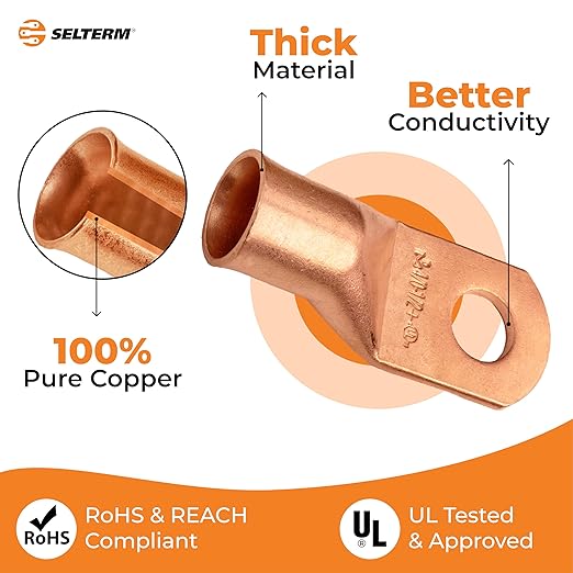 SELTERM 25pcs 4/0 AWG(XL) 1/2" Stud Battery Lugs,Ring Terminals,Heavy Duty Copper Wire Lugs,Battery Cable Ends, 0000 Gauge Ring Terminal Connectors,UL Bare Copper Eyelets Electrical Battery Cable Lugs
