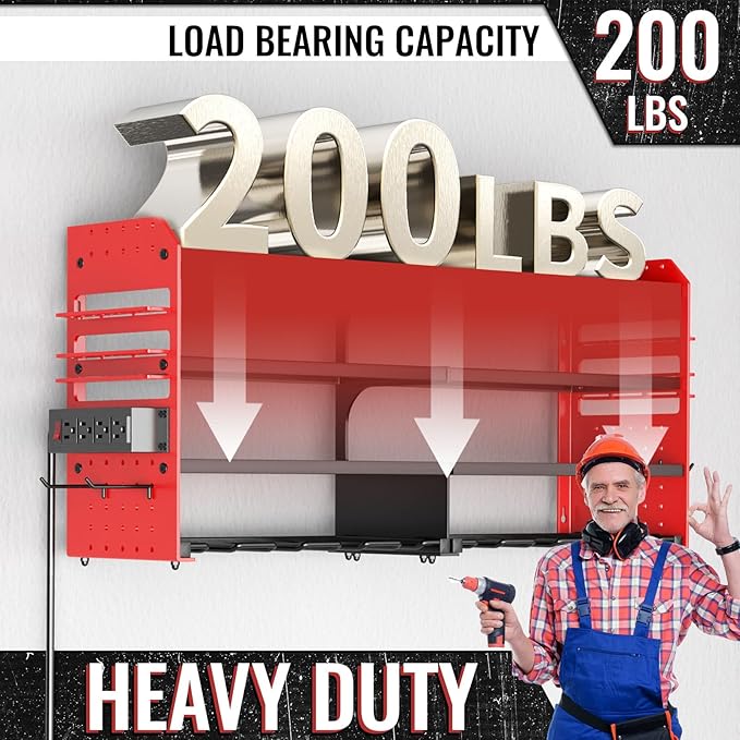 Large Power Tool Organizer Wall Mount with Charging Station, 4 Layer Heavy Duty Metal Cordless Tool Organizer, Tool Storage Rack with 8 Cordless Drill Holder Screwdriver Hammer(Red)