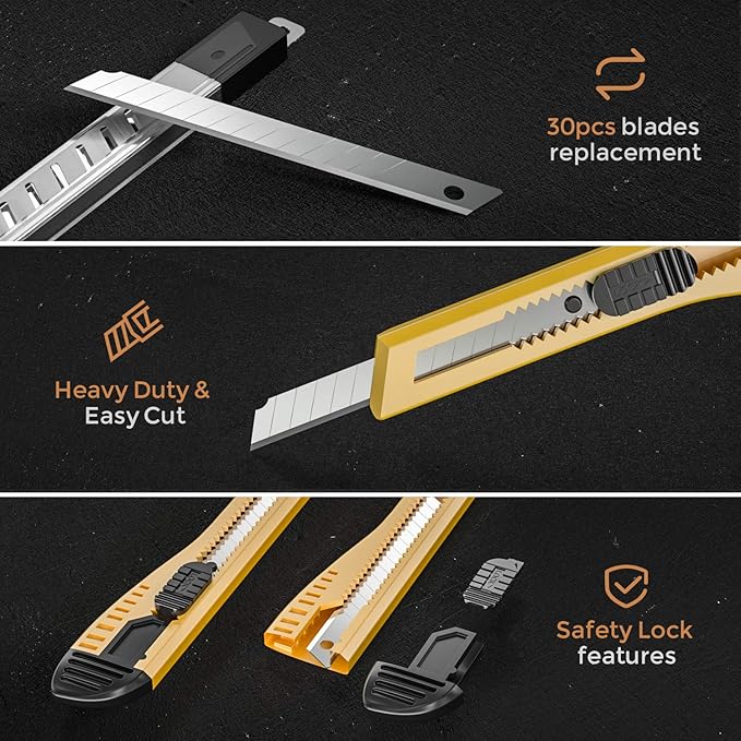 Nicpro 15 PCS Utility Knife Box Cutters Retractable Razor Knife 9mm with 30 PCS Extra Snap Off Blades for Lightweight Office, Home, Arts Crafts, Hobby