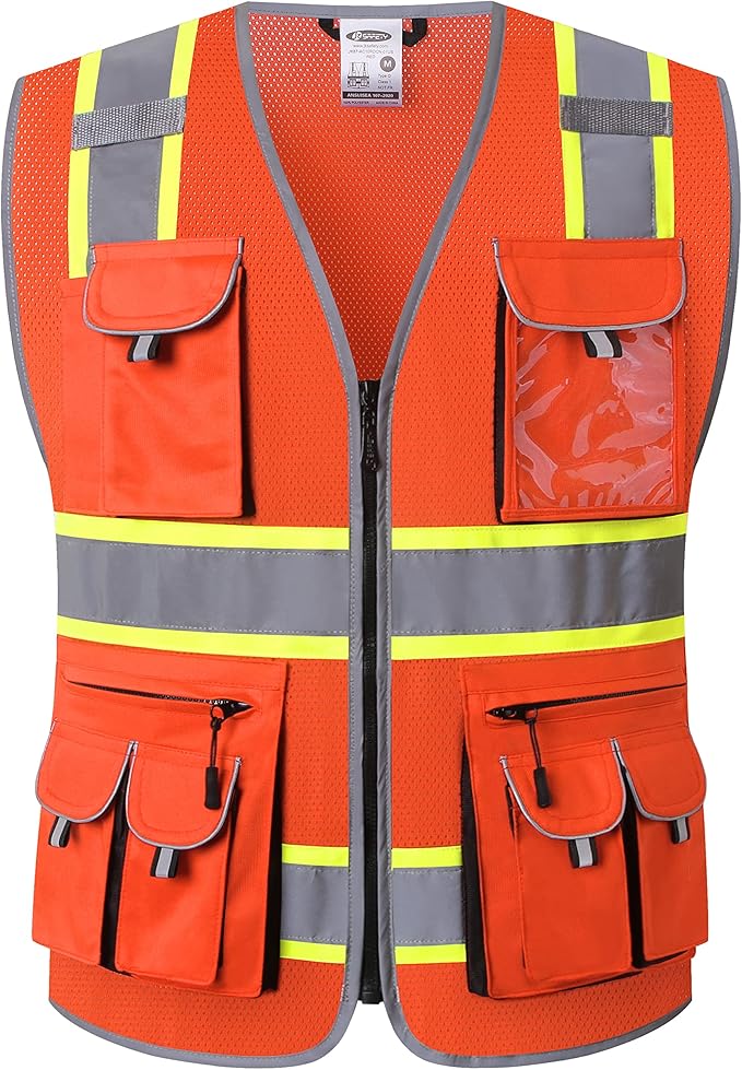 JKSafety 10 Pockets Hi-Vis Neon Color Frontal Zipper Mesh Safety Vest for Men Women Safety Utility for works Comply to ANSI/ISEA Class 2 (86-Orange L)