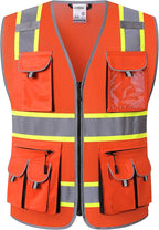 JKSafety 10 Pockets Hi-Vis Neon Color Frontal Zipper Mesh Safety Vest for Men Women Safety Utility for works Comply to ANSI/ISEA Class 2 (86-Orange XXL)