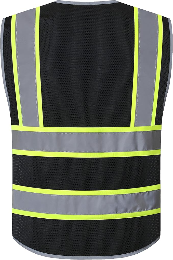 JKSafety 10 Pockets Hi-Vis Neon Color Frontal Zipper Mesh Safety Vest for Men Women Safety Utility for works Comply to ANSI/ISEA Standards (86-Black XL)