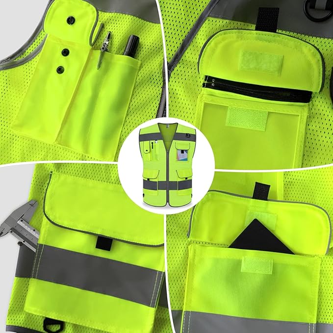 TCCFCCT Mesh High Visibility Vest 9 Pockets Hi Vis Reflective Safety Vest for Men Women, Construction Vest with Reflective Strips, Meets ANSI/ISEA Standards, (Yellow, Small)