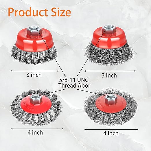 Wire Wheel Brush for 4 1/2 Angle Grinder, 5/8"-11 Thread Arbor,4 & 3 Inch Twist Knotted Coarse Crimped Wire Brushes (Wire Wheel Set)