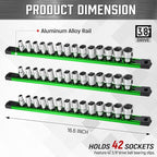 ALOANES 3-Piece Magnetic Socket Organizer, Heavy Duty Aluminum Socket Rails Organizer, 360° Swivel Clips Socket Holder Kit for Tool Box, 3/8-Inch Socket Holder x 42 Clips (Green)