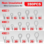 AIRIC Non Insulated Wire Connectors Kit, 22-10 AWG Uninsulated Connector, Bare Cable Ends, Electrical Crimp Terminals End, Wiring lugs for 22-10 Gauge Wires, Ring Fork Terminal, 280 PCS