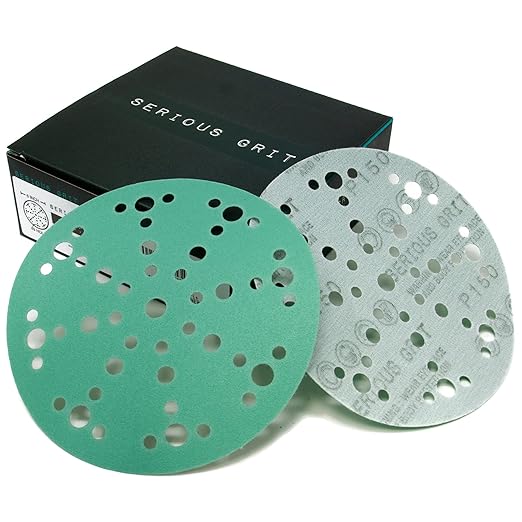 6-Inch 49-Hole 150 Grit Sanding Discs - Heavy-Duty Hook & Loop Film Discs - Sandpaper for Random Orbital Sanders - 50 Pack Box