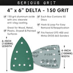 150 Grit 4" x 6" Delta (100mm x 150mm) Triangle Sanding Sheets - Fits Festool DTS 400 & Mirka DEOS Delta Sanders - Heavy-Duty Hook & Loop Film Sandpaper for Detail Sanders - 50 Pack Box