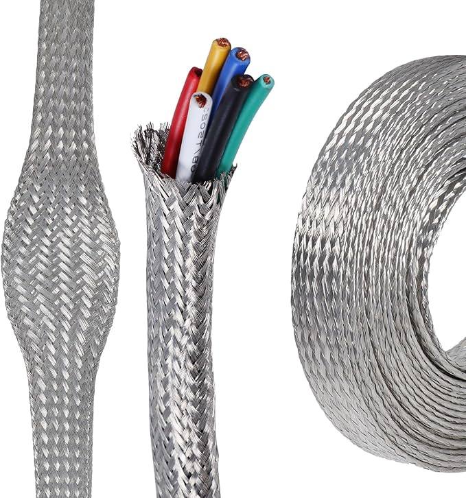 Tinned Copper Wire Shielding Sleeve, Expandable Ground Strap Wiring Braided Sleeving Metal Mesh Sheathing Cabling Wiring Protector (5/16inch - 36ft)