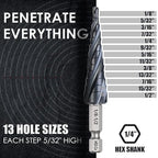 M35 Cobalt Step Drill Bit, Four Spiral Flute Unibit Step Drill Bit (1/8"-1/2") Wear-Resistant TiAlN Coated, 1/4" Hex Shank for Metal, Carbon Steel, Stainless Steel, Wood, Plastic (13 Size)