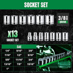 SK 3/8" Drive Socket Set, SAE Sockets, 13-Piece, 1/4" to 1", SuperKrome Finish, Premium CR-V Construction, with Aluminum Socket Organizer