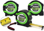 3 Pack - Tape Measures 25 ft - Easy to Read Fractions to 1/8th inch - Magnetic Tip - Thumb and Quick Lock - Autowind - Belt Clip - Green - Measuring Tape Retractable