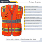 JKSafety 9 Pockets Hi-Vis Reflective Safety Vest | Mesh Fabric | Fluorescent Orange Color with Neon Yellow Extended Trims | ANSI/ISEA Compliance (100-Orange, L)