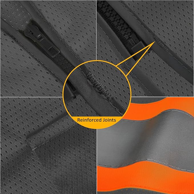 TCCFCCT Mesh High Visibility Safety Work Vest with Pockets and Reflective Stripes, Hi Vis Construction Vest with Fluorescent Orange Extend Edge, Meets ANSI/ISEA Standards, Grey, XL