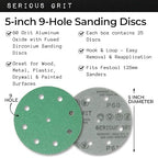 5-Inch 9-Hole 60 Grit Sanding Discs - Heavy-Duty Hook & Loop Film Discs - Sandpaper for Random Orbital Sanders - 25 Pack Box