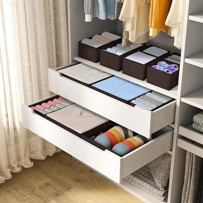 DIMJ Drawer Organizer Clothes, 12 Pack Underwear Organizer, Foldable Closet Organizers, Sock Organizer Bra Organizer, Fabric Dresser Organizer for Clothes, Bra, Socks, Tie (Brown)