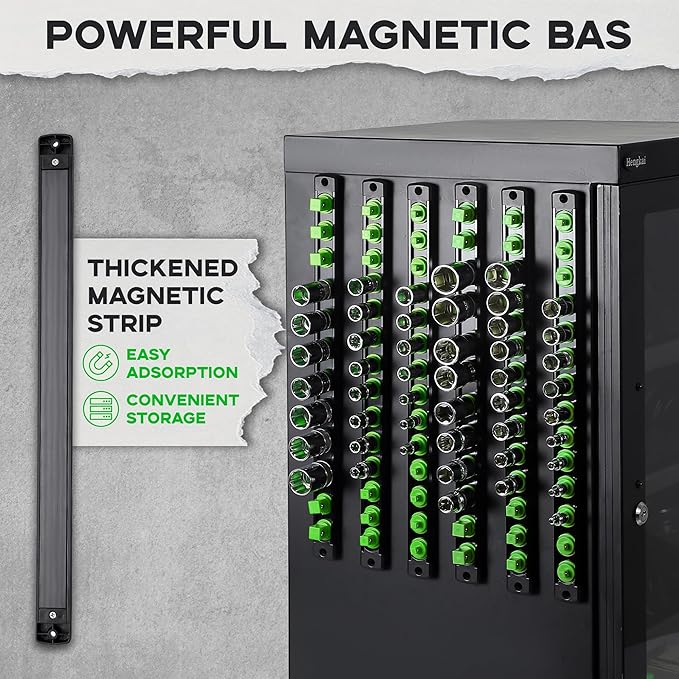 1/4-Inch Drive Magnetic Socket Organizer, Heavy Duty Aluminum Socket Rail Organizer, 360° Swivel Clips Socket Holder Kit for Tool Box, 1/4-Inch Socket Holder x 14 Clips (Green)