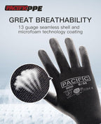 PACIFIC PPE Work Gloves PU Coated-18 Pairs, Touchscreen Working Gloves for Men and Women, Mechanic Gloves, Lightweight, Black, 2X-Large