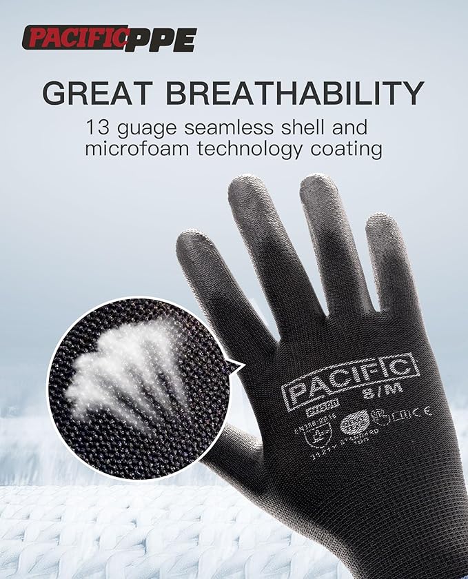 PACIFIC PPE Work Gloves PU Coated-18 Pairs, Touchscreen Working Gloves for Men and Women, Mechanic Gloves, Lightweight, Black, Medium