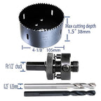 4-1/8 Inch HSS Bi Metal Hole Saw Cutter with Arbor Heavy Duty Hole Saw Bit Cutting Depth 1.5” for Drywall Thick Wood PVC Metal Aluminum