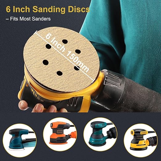 100 PCS 6 Inch 6 Hole Sanding Discs 220 Grit Hook and Loop Adhesive Round Sandpaper for Random Orbital Sander