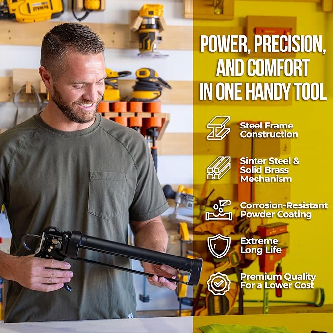 AWF PRO Heavy Duty Caulk Gun, 18:1 Thrust Ratio, Steel Frame Construction, Rotating Barrel, Ladder Hook, Puncture Tool & Dripless Pressure Release Tab (Pack of 6, 29 oz Caulking Gun)