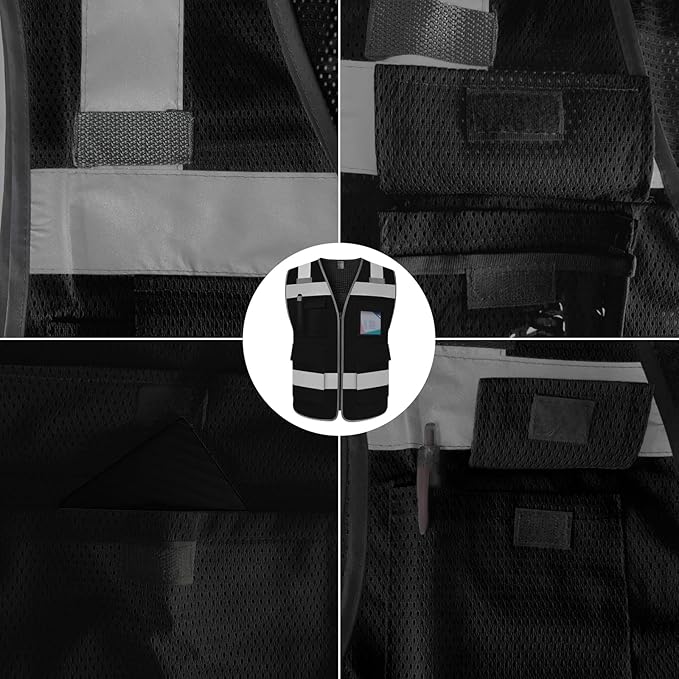 TCCFCCT Mesh Reflective Safety Vest 5 Pockets High Visibility Safety Vest for Men Women, Work Vest with Horizontal Strip for Walkie-talkie, Durable and Fashion, Meets ANSI/ISEA Standards, Black, L