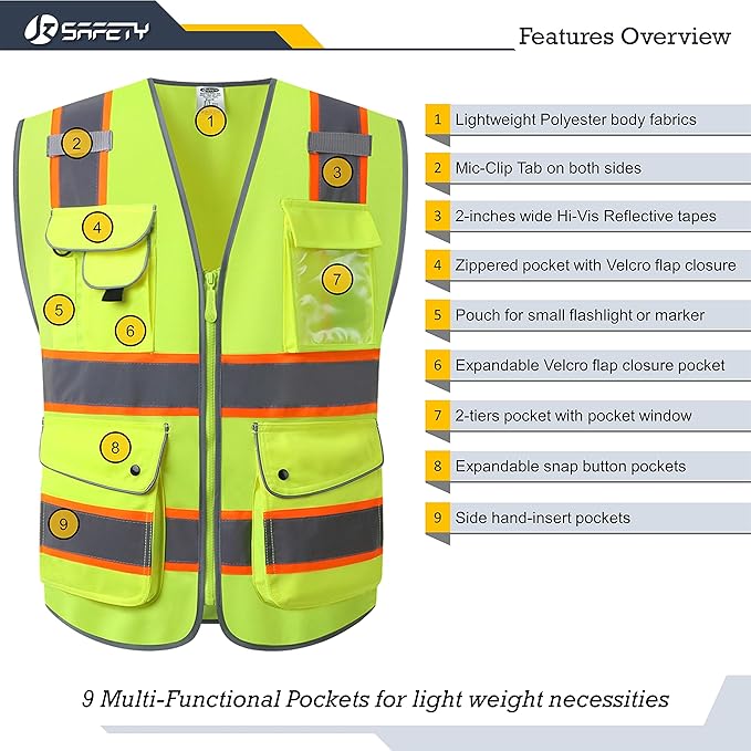 JKSafety 9 Pockets Hi-Vis Neon Yellow Color Zipper Front Safety Vest with Fluorescent Orange Extend Edge outlining the Reflective Tapes Meet ANSI/ISEA Class 2 Standard (901-Yellow, Medium)