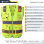 JKSafety 9 Pockets Hi-Vis Neon Yellow Color Zipper Front Safety Vest with Fluorescent Orange Extend Edge outlining the Reflective Tapes Meet ANSI/ISEA Class 2 Standard (901-Yellow, Large)