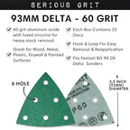 3.5" (93mm) 6-Hole 60 Grit Triangle Sanding Sheets - Fits Festool Rotex RO 90 Delta - Heavy-Duty Hook & Loop Film Disc Abrasives - Sandpaper for Detail Sanders - 25 Pack Box