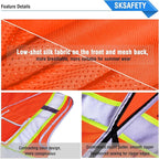 SKSAFETY 10 Pockets Safety Vest, Class 2 High Visibility Security with Zipper Back Mesh, Hi Vis Vest with Reflective Strips, ANSI/ISEA Standard, Construction Work Vest for Men ＆ Women （Orange, L）