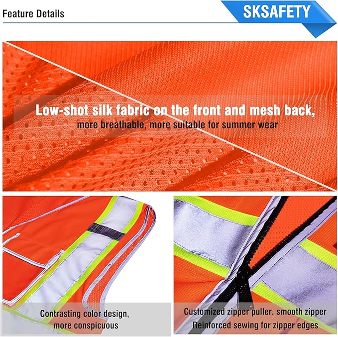 SKSAFETY 10 Pockets Safety Vest, Class 2 High Visibility Security with Zipper Back Mesh, Hi Vis Vest with Reflective Strips, ANSI/ISEA Standard, Construction Work Vest for Men ＆ Women （Orange, XL）