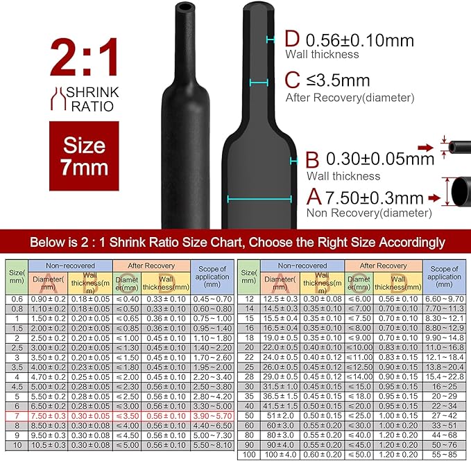 Chanzon 2:1 Ratio 9/32" (7mm) Heat Shrink Tubing 8Ft Roll (2.5M Total Length) Black Polyolefin Sleeving Wrap Shrinking 2 to 1 1pcs