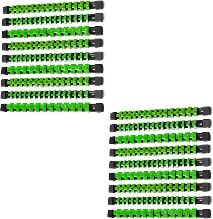 ALOANES 18 PC ABS Socket Organizer, 1/2 inch, 3/8 inch and 1/4 inch Drive Socket Rail Holders, Heavy Duty Socket Racks, Black Rails with Green Clips