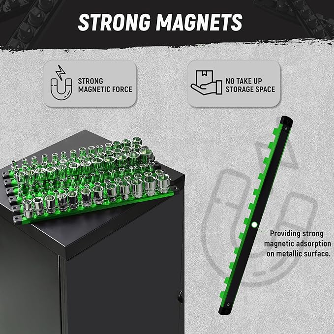 ALOANES Magnetic Socket Organizer Set, 3-Piece Heavy Duty Aluminum Socket Holder Socket Rail Organizer for Tool Box, 360° Swivel Clips Socket Rack 1/4, 3/8, 1/2-Inch x 40 Clips (Green)