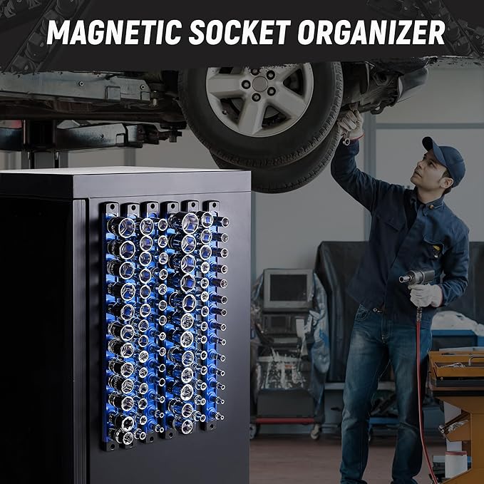 ALOANES Magnetic Socket Organizer Set, 6-Piece Heavy Duty Aluminum Socket Holder Socket Rail Organizer for Tool Box, 360° Swivel Clips Socket Rack 1/4, 3/8, 1/2-Inch x 80 Clips (Blue)