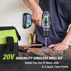 WORKPRO 20V Cordless Drill Driver Kit, 3/8'' Keyless Chuck, 2.0 Ah Li-ion Battery, 1 Hour Fast Charger and 11-inch Green Storage Bag Included