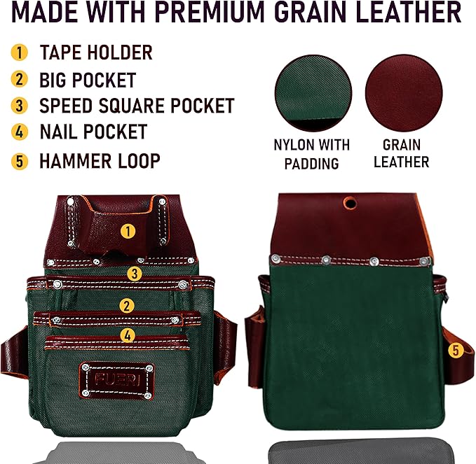 FUERI Nylon Leather Tool Belt Suspender for Men Heavy Duty 26 Pocket Tools Bags Pouches Holder Organizer for Carpenter Construction Electrician Framer (Green & Maroon Tool Belt Set, Medium 30" - 36")