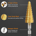 INTHEEND Step Drill Bit Set, 3 Pcs High Speed Steel Spiral Grooved Step Drill Bit for Metal Sheet Aluminum Wood Hole Drilling, 1/4" Hex Shank Step Bit for Faster Drilling 28 Size Cone Step Drill Bits