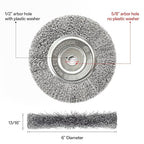 YKLP 6 Inch Wire Wheel Brush for Bench Grinder Grinding Wheel,Coarse Crimped Steel Wire 0.012" with 1/2" & 5/8" Arbor for Rust Removal, Cleaning, Polishing,1PC
