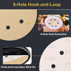100 PCS 6 Inch 6 Hole Sanding Discs 120 Grit Hook and Loop Adhesive Round Sandpaper for Random Orbital Sander