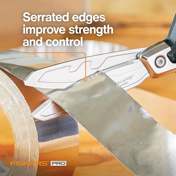 Fiskars Pro PowerArc Shop Shears, Heavy Duty Stainless Steel Scissor, Industrial Grade Tool for Building and Construction, 10 in, Orange/Black