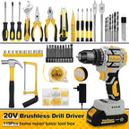 20V Brushless Drill Set, Cordless Power Drill with 2.0Ah Battery,119 PCS Combo Tool Kit for Men, 10mm 3/8" Keyless Chuck, 21+1 Torque Setting Power Tool Set for DIY Garden House Office Repair