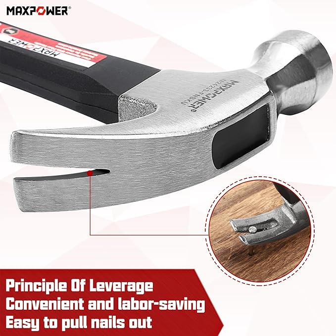 MAXPOWER Hammer Set, 8oz & 20oz Claw Hammers, Polished Carbon Steel Hammer-Head & Fiberglass Handle with Rubber Grip